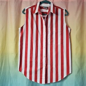 Red & White Vertical Stripe Sleeveless Button Up Shirt By Simply Basic 90's